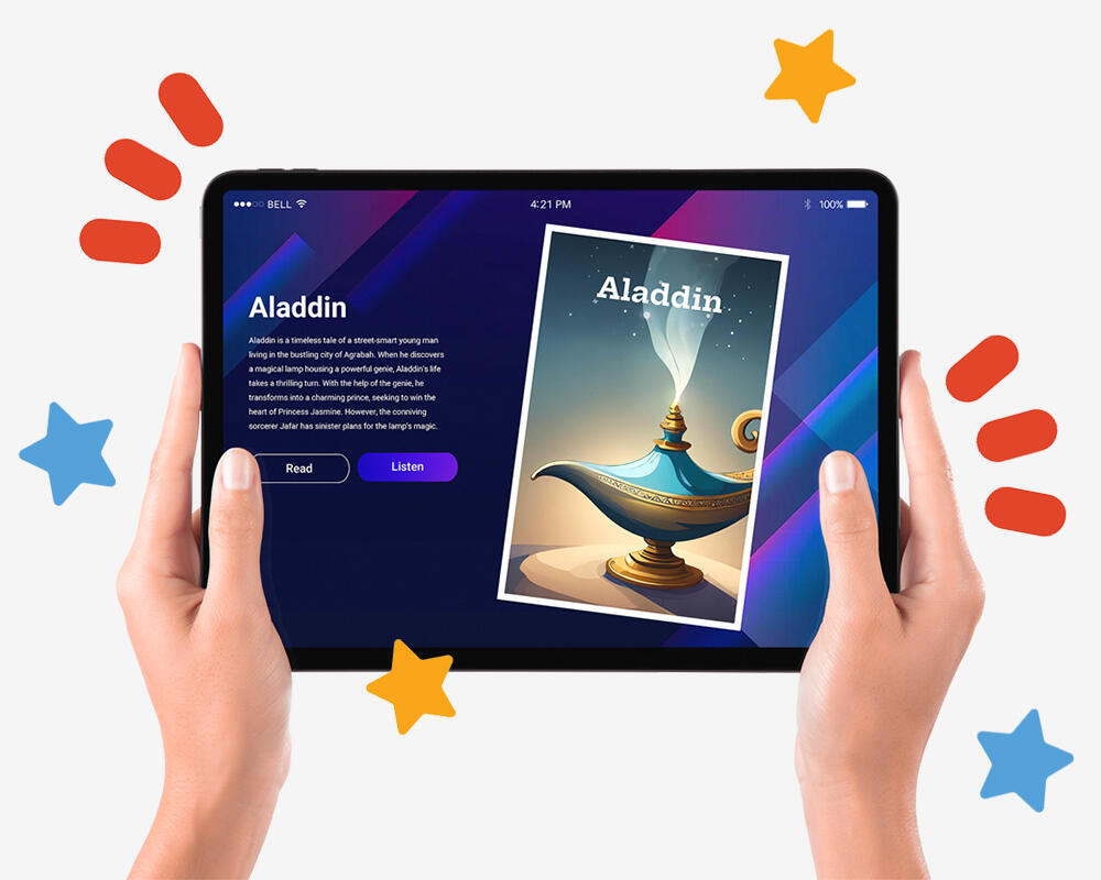 Aladdin online book displayed on a tablet.