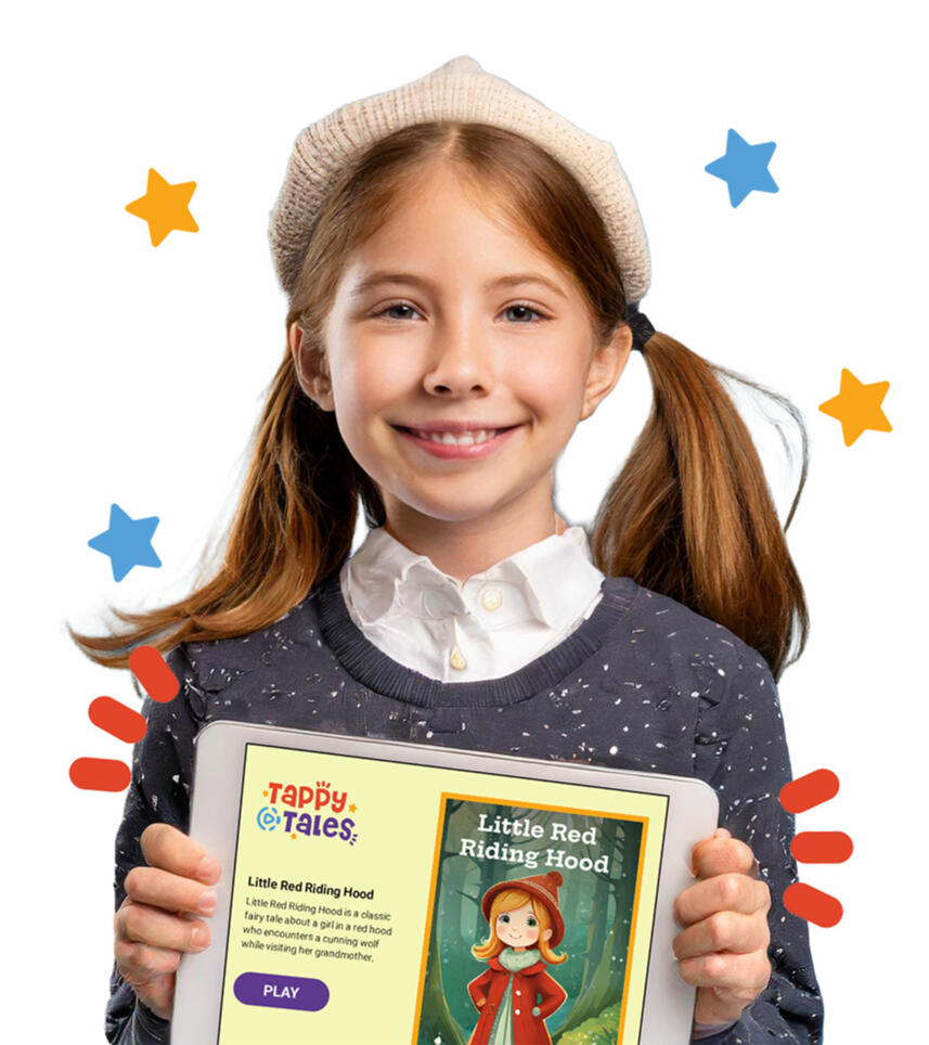 A girl holding up a tablet with the Little Red Riding Hood book on display.
